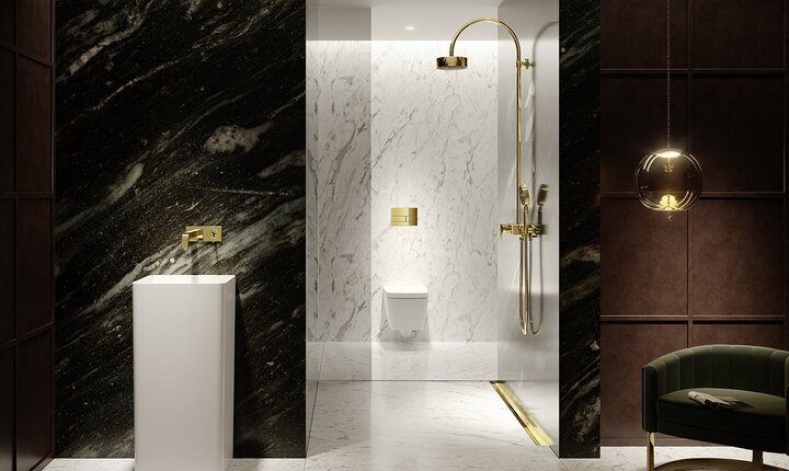 The TECEdrainprofile Gold Optic shower channel is available in a polished or brushed version.
